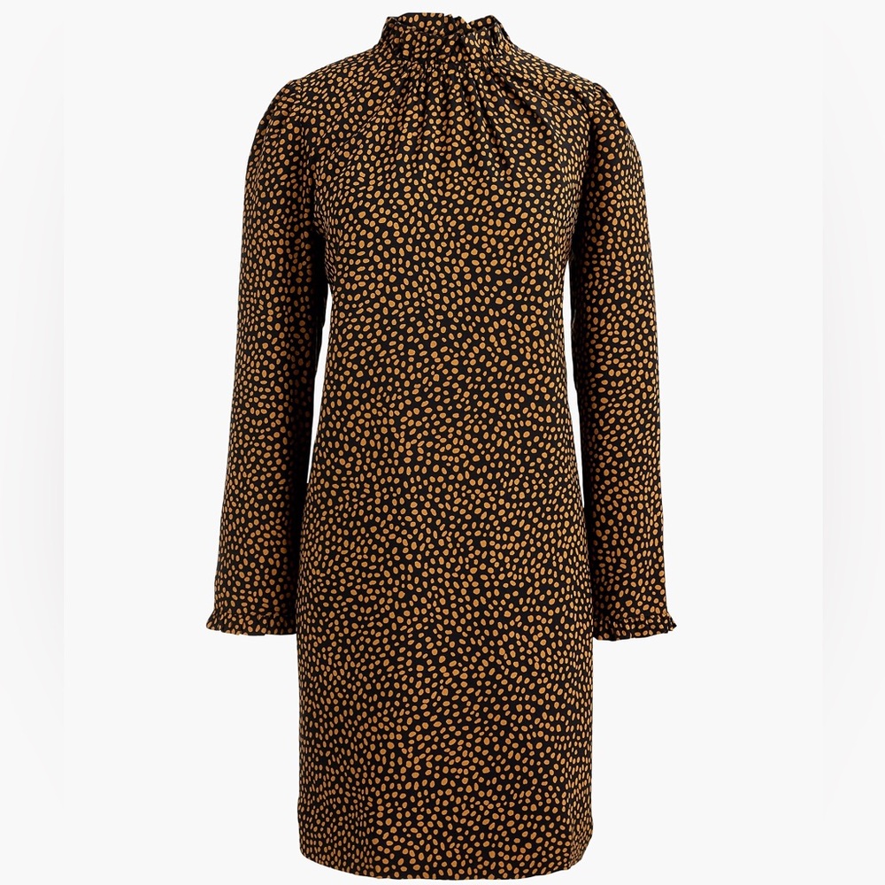 J.Crew Ruffle Neck Black and Tan Polka Dot Shift Dress — Size 12